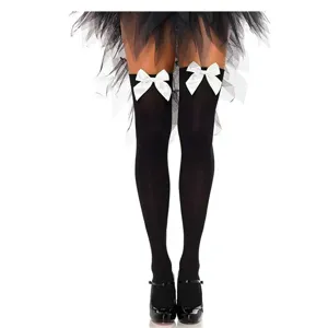 Black thigh high stockings with white satin bows, perfect for Halloween and costume parties.