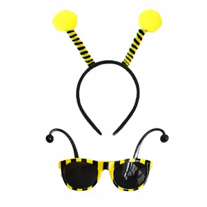 Detailed view of cute black and yellow bee costume headband and sunglasses set for party.