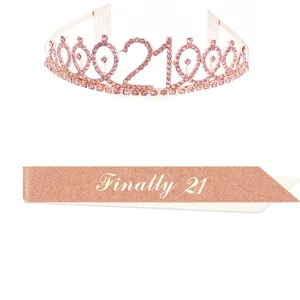 21. Geburtstag Krone und Schärpe Set Roségold Strass Tiara Party Deko Zubehör Accessoires