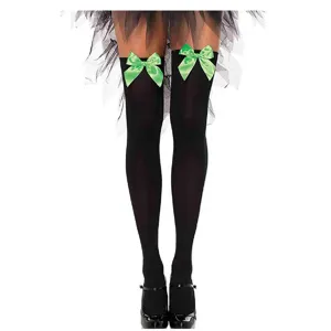 Halloween black thigh high socks with green bows, over the knee costume party dress up hosiery.