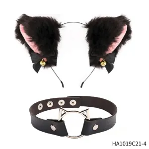 Punk Katzenohren Stirnband und Leder Halsreif Set, Gothic Cosplay Party Haarreif Kragen.