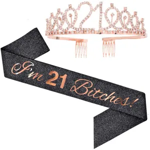 21. Geburtstag Party Tiara und schwarze Glitzer Scharrte, Roségold Strass Geburtstag Krone.
