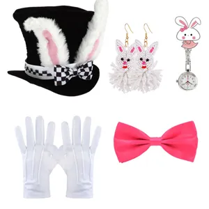 Osterhase Kostüm Set mit Zylinder, Perlenohrringen, Taschenuhr, Handschuhen und Fliege