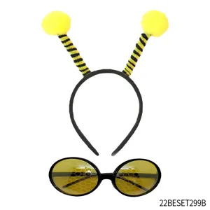 Detailed view of the bee costume headband and honeycomb sunglasses party prop set.
