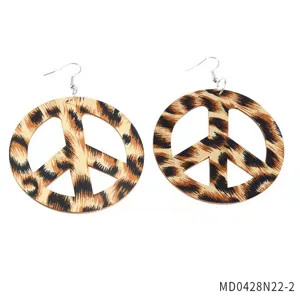 Wooden leopard print peace sign dangle earrings retro fashion statement jewelry for daily