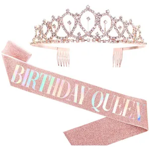 Roségold Geburtstag Tiara und Schärpe Set, glitzernde Strass Krone für Party Dekoration.