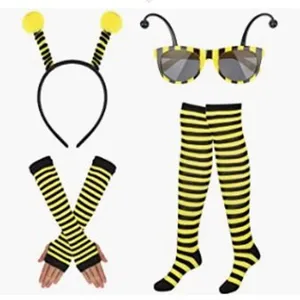 Bee costume accessory set details including headband, striped sunglasses, arm warmers and socks.
