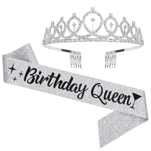 Silberne Geburtstag Queen Krone und Glitzer Scharpe Set, Party Deko Haarreif Zubehör.