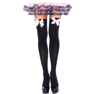Black over-the-knee stockings with pink bows for women, sexy thigh-high hosiery variant.