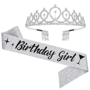 Silberner Strass Haarreif und Birthday Girl Glitzer Schärpe Set für die Party Deko