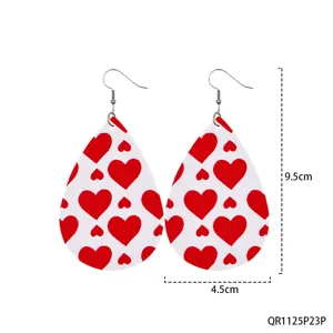 Red and white heart faux leather teardrop earrings with silver hooks fashion jewelry for women.