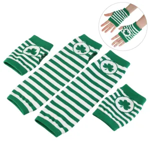 St. Patrick's Day green white striped clover arm warmers and gloves set for festive party.