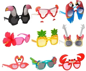 Close-up details of assorted Hawaiian party sunglasses featuring fun tropical shapes and vibrant colors.