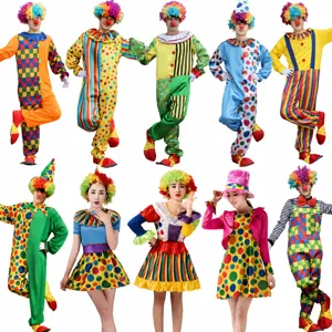 Adult Halloween clown costume set with colorful wig and red nose for cosplay party.