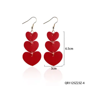 Red leather triple heart drop earrings stylish long dangle geometric ear jewelry for women