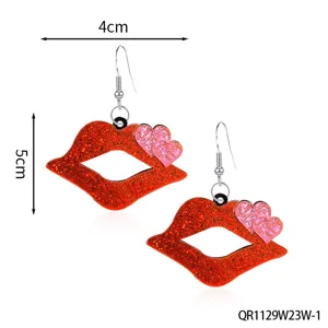 Red glitter lips dangle earrings with pink hearts, stylish fashion jewelry for women.