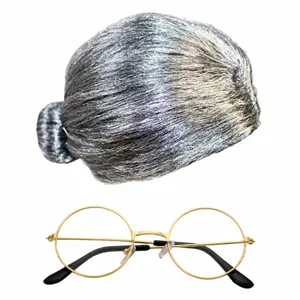 Detailed close-up showing the silver grey wig bun and retro gold-rimmed glasses for party.