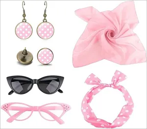 50s retro pink polka dot party costume set including earrings scarf headband and glasses.