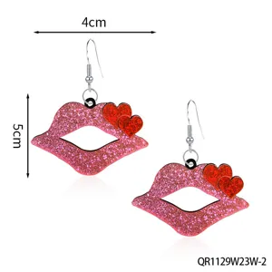 Glitter pink lip earrings with red heart dangle, stylish fashion jewelry for women and girls.