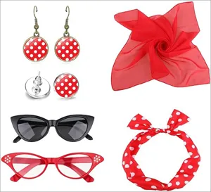 Detailed view of 50s vintage polka dot party costume accessories set, retro style.