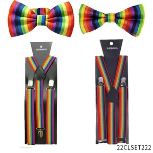 Colorful rainbow striped bow tie and suspenders set, perfect for festive parties and events.