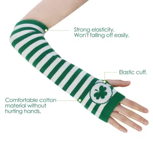 Green and white striped St. Patrick's Day arm sleeves with cute shamrock pattern detail.