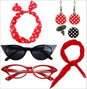 50s Retro Women Party Costume Set Red Polka Dot Headband Cat Eye Glasses Earrings Scarf