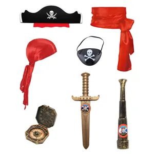 Set di accessori per costumi da pirata di Halloween con cappello benda spada giocattolo.