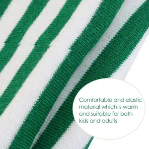 Green and white striped long socks detail showing soft and elastic knit fabric texture.