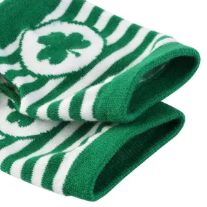 Green white striped socks with shamrock clover print for St Patrick Day party costumes.
