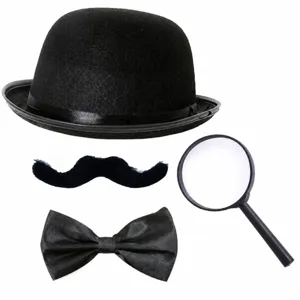 Halloween Chaplin costume prop set with black bowler hat, mustache, bow tie and magnifying glass.