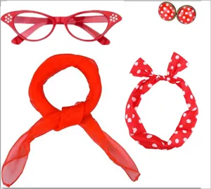 Details of 50s vintage red polka dot headband scarf cat eye glasses party costume set.