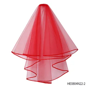 Velo da sposa rosso in tulle con bordo in nastro per addio al nubilato festa nuziale