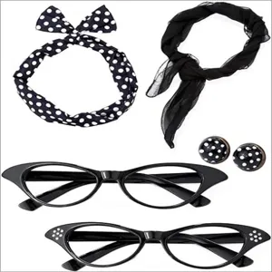 50s vintage women party costume set featuring polka dot headband glasses and earrings.