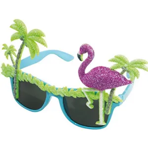 Hawaiian party sunglasses detail shot, featuring glittering tropical flamingo and palm tree decor.