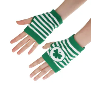 Green white striped fingerless gloves clover pattern St Patrick Day festival costume accessories