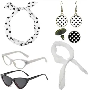 50s vintage party costume set details, polka dot headband, cat eye glasses and accessories.