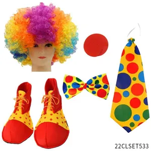 Halloween clown costume set with colorful wig red nose bow tie necktie and oversized clown shoes.