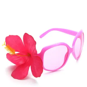 Pink Hawaiian party sunglasses with large red hibiscus flower, fun summer photo prop.