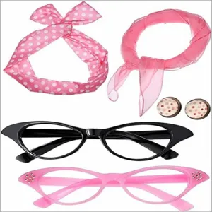 Detailed close-up view of 50s vintage party costume set accessories including glasses and headband.