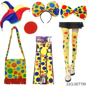 Colorful clown costume set with jester hat bow tie suspenders and fun polka dot socks.