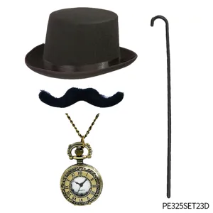 Halloween Charlie Chaplin costume set featuring black derby hat, mustache, pocket watch and cane.