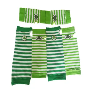 Green white striped clover knit sleeves detail view St Patricks Day festive apparel accessory