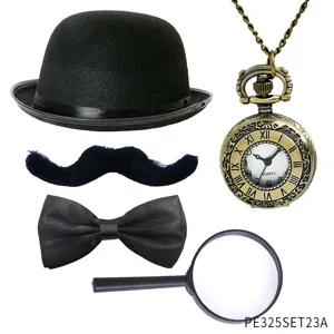 Halloween Chaplin costume set with black bowler hat, fake mustache, bow tie and pocket watch.
