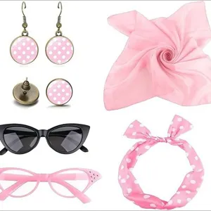 50s vintage women party costume accessory set with polka dot earrings scarf cat eye glasses.