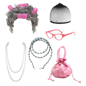 80s Old Lady Cosplay Costume Set Gray Wig Glasses Pearl Necklace Granny Dress Up Party Stage Performance Props
