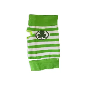 Green and white striped St Patrick's Day fingerless gloves with shamrock clover print design.