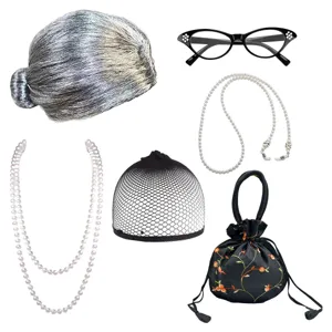 80s granny cosplay costume set gray wig cat eye glasses pearls necklace bag performance