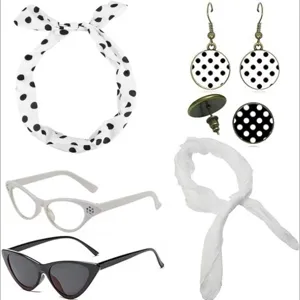 50s Retro Women Costume Party Set Polka Dot Headband Cat Eye Glasses Scarf Earrings