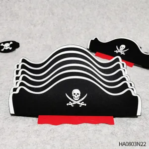 Halloween triangular pirate hat, black felt captain hat with classic skull design for party.